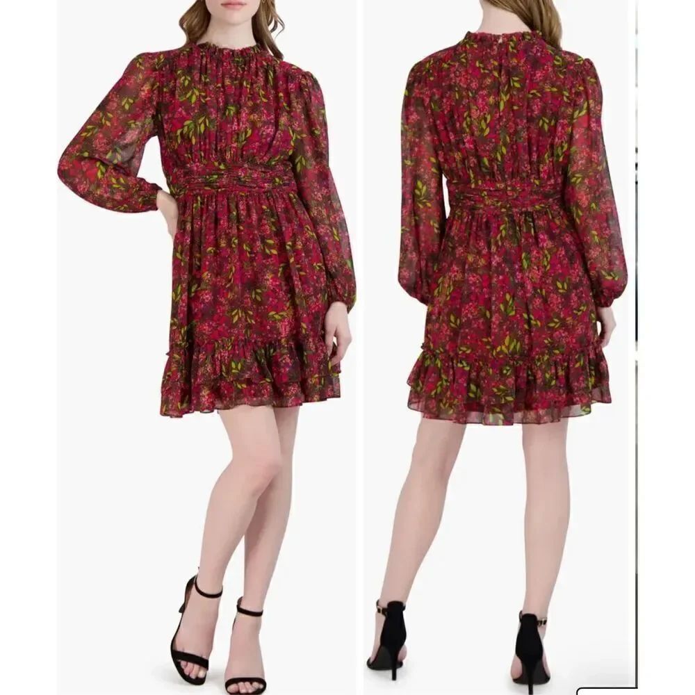 Julia Jordan Floral Print Gathered Long Sleeve Dress Size 8 NWT